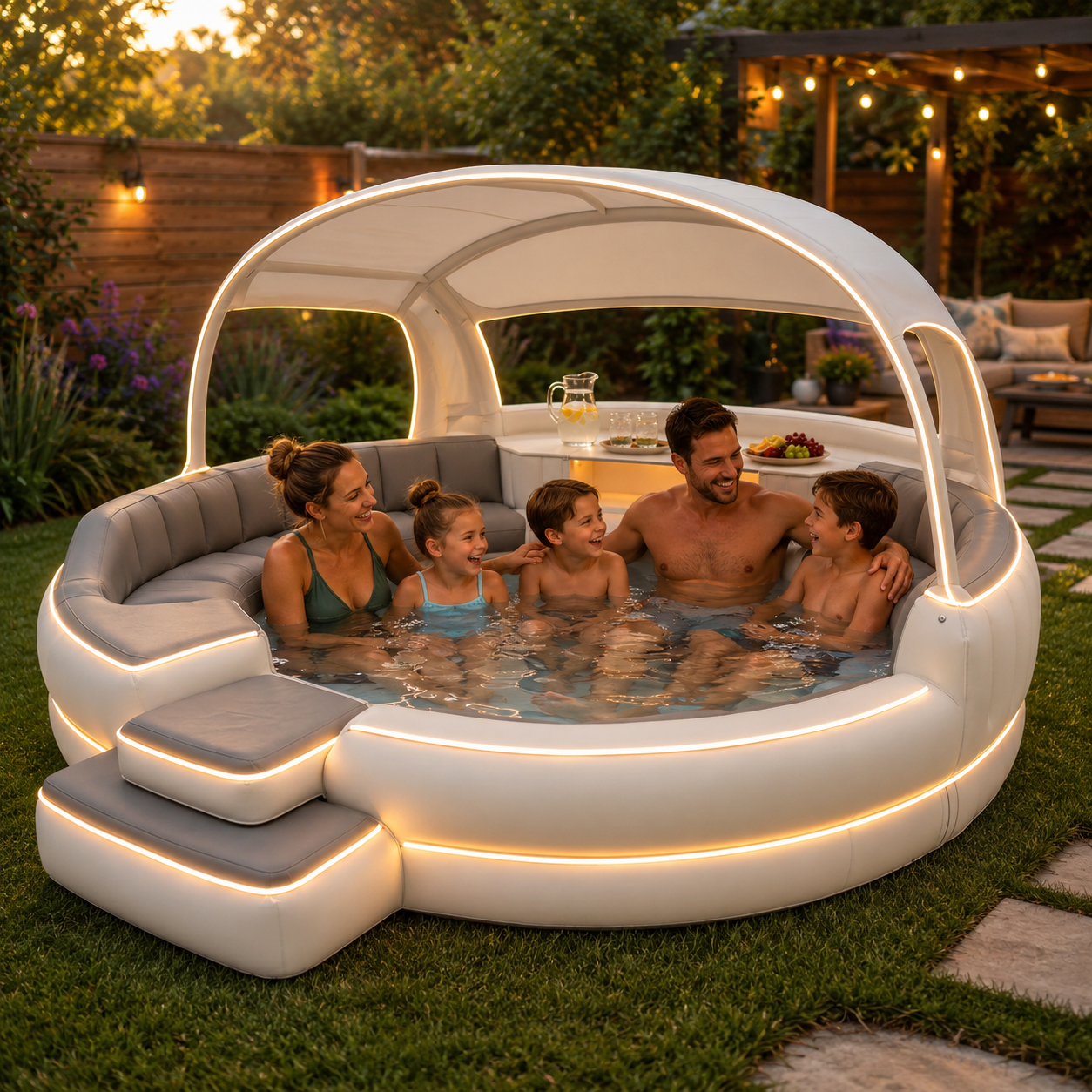 Luxury Inflatable Spa with Canopy and Ambient Lighting